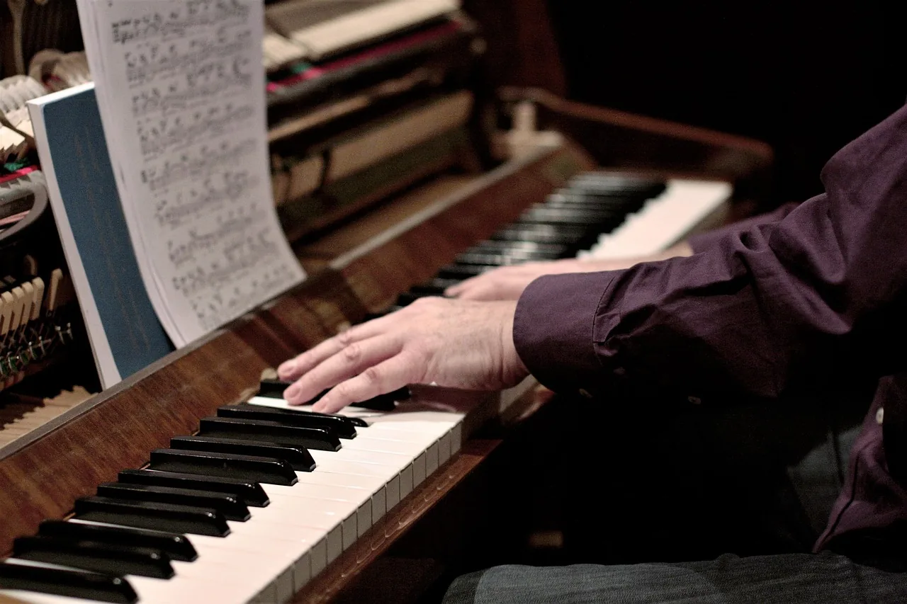 Pianist playing an upright piano with sheet music Pianist playing an upright piano with sheet music