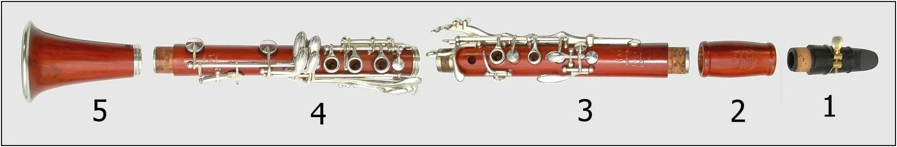 Clarinet disassembled into five numbered parts Clarinet disassembled into five numbered parts