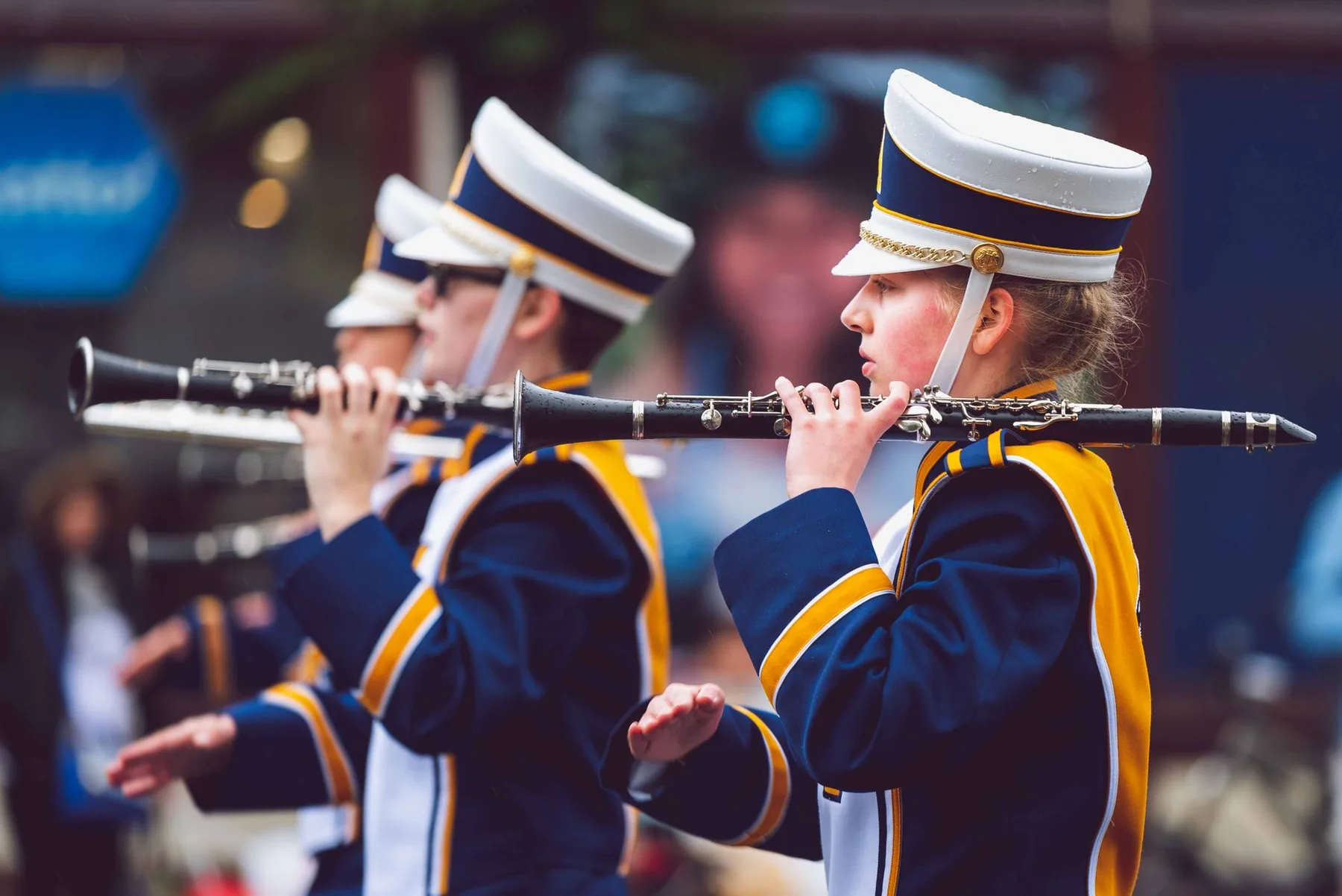 Clarinets and musicians in marching-band uniforms Clarinets and musicians in marching-band uniforms