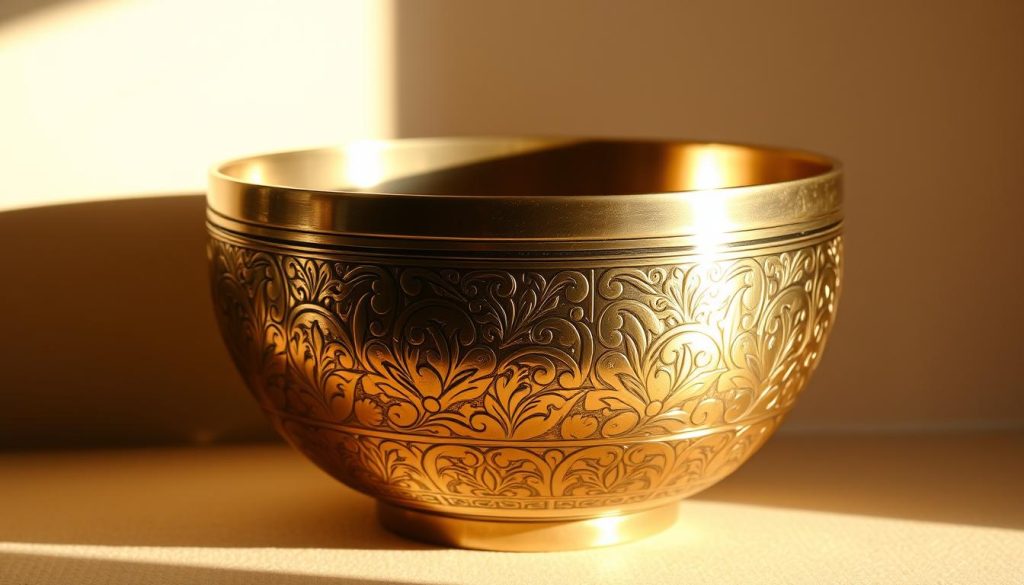 A beautifully crafted Tibetan singing bowl made of intricate metalwork, glistening in warm, natural lighting. The bowl is set against a neutral background, highlighting its elegant, handcrafted form. The metal surface reflects the light, creating a mesmerizing play of highlights and shadows that accentuate the bowl's texture and depth. The composition places the bowl prominently in the frame, allowing the viewer to appreciate its craftsmanship and the skilled metalworking techniques used in its creation. This image perfectly captures the essential criteria for identifying a genuine Tibetan singing bowl - its exquisite metalwork, refined aesthetics, and timeless artisanal quality.