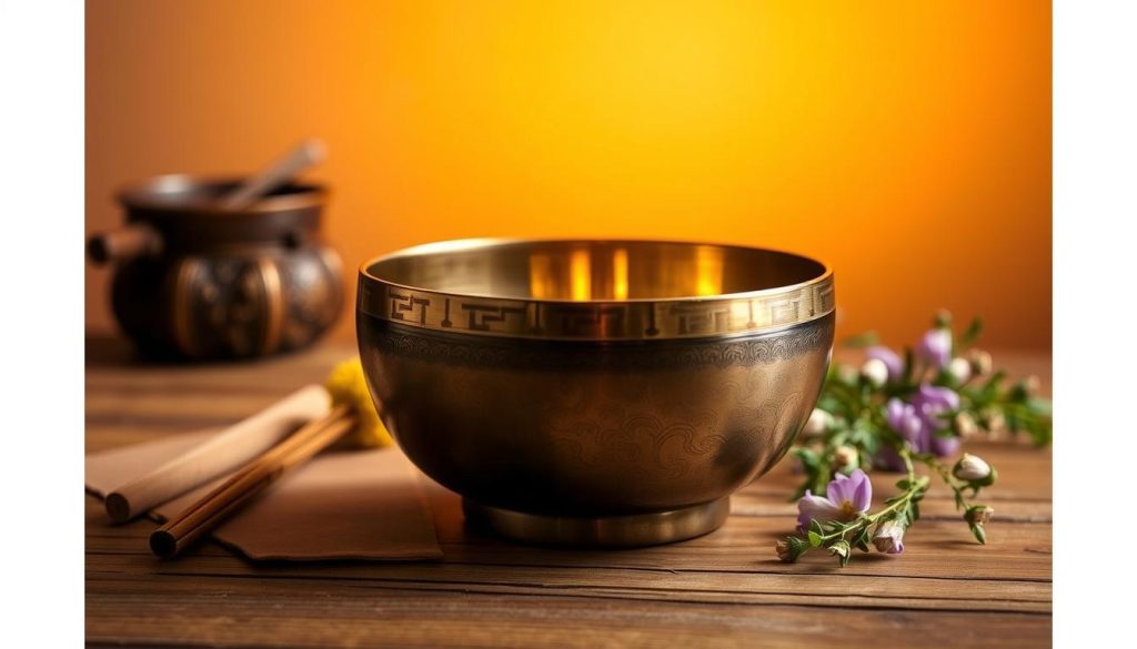 A handcrafted Tibetan singing bowl resting on a wooden surface, illuminated by soft, warm lighting creating a cozy, meditative atmosphere. The bowl's intricate, hammered copper surface reflects the light, highlighting its authentic, artisanal craftsmanship. Surrounding the bowl are natural elements like incense sticks, dried flowers, and a sprig of greenery, creating a serene, spiritual vignette. The image is captured from a slightly elevated angle, emphasizing the bowl's elegant form and inviting the viewer to engage with this traditional Tibetan object.