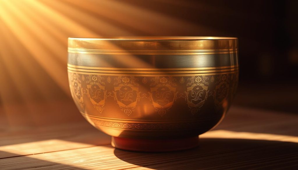 A vibrant close-up of a traditional Tibetan singing bowl, its surface shimmering with intricate patterns and textures. The bowl is positioned on a wooden surface, casting soft, warm shadows. Beams of soft, directional lighting illuminate the bowl, highlighting its metallic sheen and the subtle ripples on its surface, conveying a sense of gentle, resonant vibrations. The background is blurred, allowing the focus to remain on the captivating details of the bowl, and the overall composition creates a serene, meditative atmosphere, inviting the viewer to experience the profound sonorous qualities of this ancient Tibetan instrument.