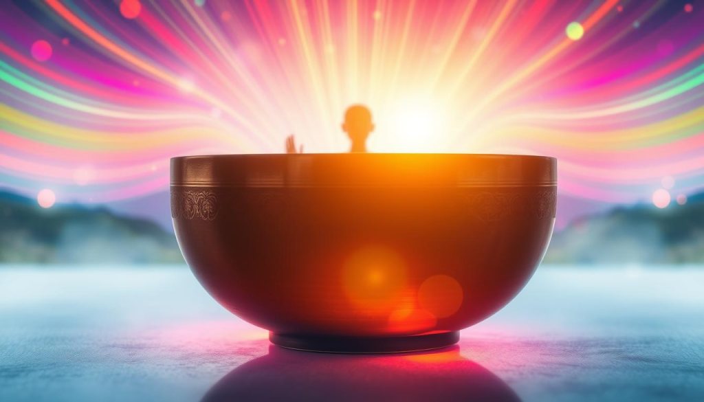 A vibrant, energetic scene of colorful sound waves pulsating through the air, creating a harmonious flow of positive energy. In the foreground, a glowing Tibetan singing bowl emits mesmerizing sonic vibrations, its metal surface reflecting the warm light. The middle ground features a serene, meditative figure sitting in a lotus position, their palms upturned to receive the healing sound waves. The background is a soft, blurred landscape with a calming, ethereal atmosphere, allowing the viewer to fully immerse in the soothing, transformative experience. The overall composition exudes a sense of balance, rejuvenation, and spiritual awakening.