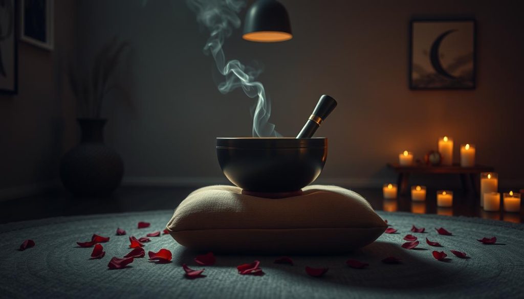 A serene, dimly lit meditation room with a Tibetan singing bowl at the center, casting a warm glow. The bowl sits atop a plush, earthy-toned pillow, surrounded by scattered rose petals and gentle tendrils of incense smoke. Soft, ambient lighting from candles and a single overhead lamp creates a cocooning atmosphere, inviting the viewer to sink into a state of deep relaxation. The walls are adorned with calming, abstract artwork, and the floor is covered in a richly textured, neutral-toned rug. The overall composition is balanced and harmonious, evoking a sense of tranquility and mindfulness.