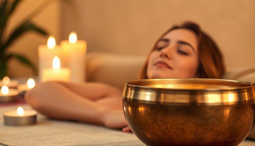 A serene scene of a person resting in a peaceful sound bath, surrounded by the soft glow of candles and the calming vibrations of a Tibetan singing bowl. The individual is depicted in a relaxed position, eyes closed, immersed in the soothing soundscape. The foreground features the glittering bronze bowl, its resonant tones filling the air. The middle ground showcases the person's tranquil expression, radiating a sense of deep relaxation. The background is softly blurred, creating a sense of depth and focus on the central figure. The lighting is warm and diffused, enhancing the meditative atmosphere. The overall composition conveys the restorative benefits of the Tibetan sound bath experience.
