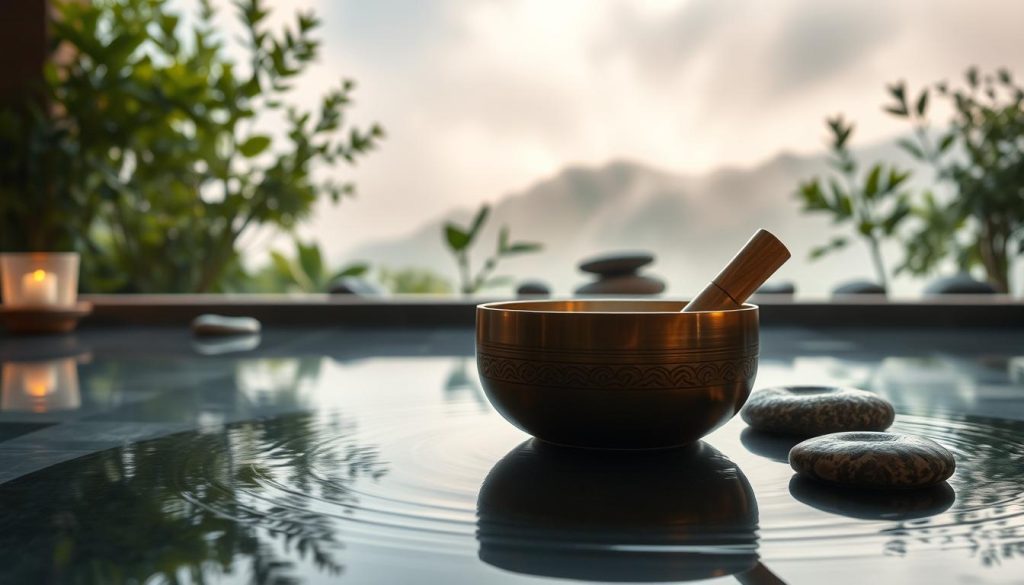 Soft ambient lighting bathes a tranquil spa setting, featuring a Tibetan singing bowl in the foreground. The bowl emits mesmerizing vibrations, creating a soothing soundscape that permeates the space. In the middle ground, lush foliage and natural elements, such as smooth river stones, enhance the calming atmosphere. The background depicts a serene, mist-shrouded landscape, evoking a sense of peaceful isolation. A shallow pool of water reflects the natural elements, creating a cohesive, harmonious composition. The overall scene conveys a deeply immersive, meditative experience, perfect for preparing the senses for a restorative sound bath.