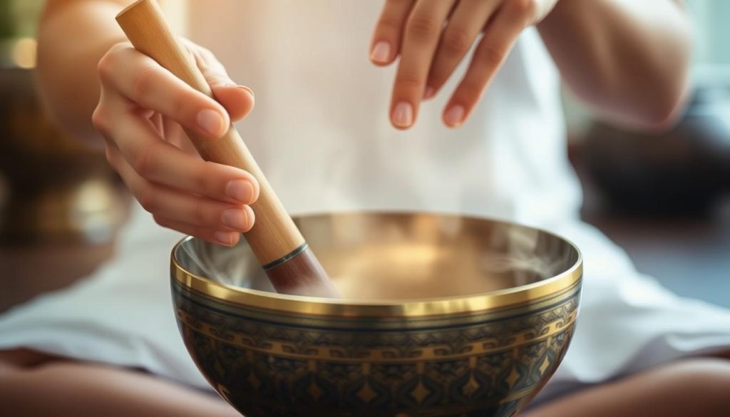 Techniques pour utiliser un bol tibétain: A serene, close-up view of a person's hands gently striking a polished bronze Tibetan singing bowl, creating ethereal waves of vibrant sound. Soft, warm lighting illuminates the intricate patterns and textures of the bowl, while a blurred, tranquil background suggests a contemplative, meditative setting. The scene conveys a sense of focus, ritual, and the power of sound to induce a state of deep relaxation and mindfulness.