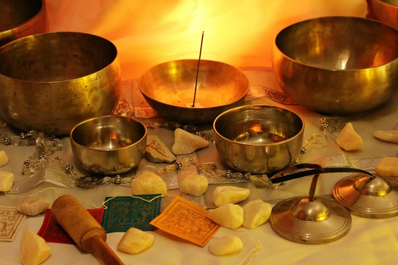 Tibetan singing bowls with a mallet and cymbals Tibetan singing bowls with a mallet and cymbals