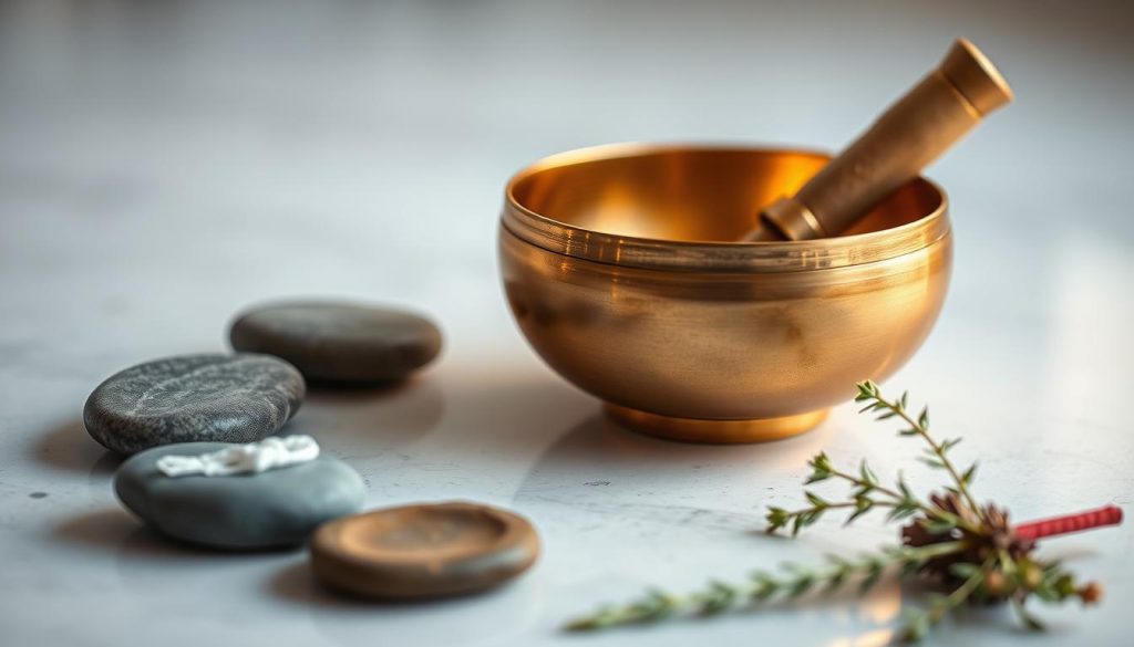 A delicate Tibetan singing bowl rests on a serene surface, its rich copper hue gleaming under warm, ambient lighting. The bowl is framed by a minimalist arrangement of natural elements - smooth river stones, fragrant incense, and a sprig of fragrant herbs. The overall composition evokes a sense of tranquility and mindfulness, inviting the viewer to consider the meditative and therapeutic properties of this ancient ritual object. The image is captured from a slightly elevated angle, creating a sense of balance and harmony. The depth of field is shallow, focusing the attention on the central bowl and its surrounding elements. A delicate Tibetan singing bowl rests on a serene surface, its rich copper hue gleaming under warm, ambient lighting. The bowl is framed by a minimalist arrangement of natural elements - smooth river stones, fragrant incense, and a sprig of fragrant herbs. The overall composition evokes a sense of tranquility and mindfulness, inviting the viewer to consider the meditative and therapeutic properties of this ancient ritual object. The image is captured from a slightly elevated angle, creating a sense of balance and harmony. The depth of field is shallow, focusing the attention on the central bowl and its surrounding elements.
