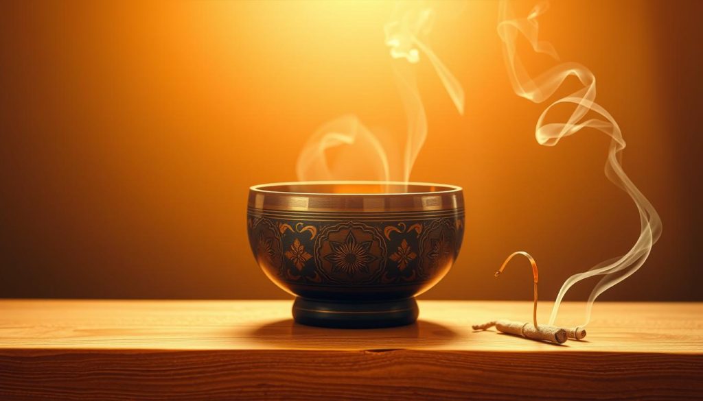 A serene Tibetan singing bowl placed on a natural wooden surface, illuminated by warm, gentle lighting from above. The bowl's intricate, ornate design reflects the tranquility of the moment, inviting the viewer to pause and become immersed in the ritual of purification. Surrounding the bowl, subtle wisps of incense smoke curl and dissipate, creating an atmosphere of contemplation and spiritual rejuvenation. The image captures the ideal time to cleanse and recharge the bowl, highlighting the importance of this practice in the harmony of one's living space. A serene Tibetan singing bowl placed on a natural wooden surface, illuminated by warm, gentle lighting from above. The bowl's intricate, ornate design reflects the tranquility of the moment, inviting the viewer to pause and become immersed in the ritual of purification. Surrounding the bowl, subtle wisps of incense smoke curl and dissipate, creating an atmosphere of contemplation and spiritual rejuvenation. The image captures the ideal time to cleanse and recharge the bowl, highlighting the importance of this practice in the harmony of one's living space.