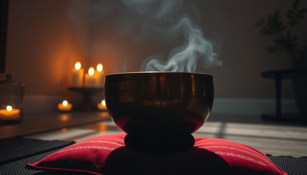 A serene, dimly-lit meditation space with a Tibetan singing bowl taking center stage. The bowl, crafted from gleaming bronze, sits atop a plush, burgundy cushion, its surface reflecting the soft, warm glow of candles flickering in the background. The room is bathed in a meditative ambiance, with hazy shadows dancing across the walls and the faint aroma of incense filling the air. The camera captures the scene from a low, slightly angled perspective, inviting the viewer to immerse themselves in the tranquil atmosphere and experience the restorative power of this ancient practice. A serene, dimly-lit meditation space with a Tibetan singing bowl taking center stage. The bowl, crafted from gleaming bronze, sits atop a plush, burgundy cushion, its surface reflecting the soft, warm glow of candles flickering in the background. The room is bathed in a meditative ambiance, with hazy shadows dancing across the walls and the faint aroma of incense filling the air. The camera captures the scene from a low, slightly angled perspective, inviting the viewer to immerse themselves in the tranquil atmosphere and experience the restorative power of this ancient practice.