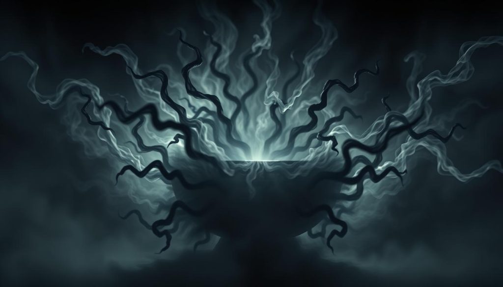 A swirling vortex of dark, ominous energies filling the frame, casting an eerie, almost visceral presence. Shadowy tendrils lash out from the center, radiating an oppressive, unsettling aura. The background is a deep, impenetrable void, heightening the sense of unease. Dramatic lighting from below accentuates the dramatic, foreboding nature of the scene, with harsh contrasts and dramatic shadows. The overall composition evokes a sense of the esoteric and the occult, a visual representation of the negative energies that can affect a spiritual object like a Tibetan singing bowl. A swirling vortex of dark, ominous energies filling the frame, casting an eerie, almost visceral presence. Shadowy tendrils lash out from the center, radiating an oppressive, unsettling aura. The background is a deep, impenetrable void, heightening the sense of unease. Dramatic lighting from below accentuates the dramatic, foreboding nature of the scene, with harsh contrasts and dramatic shadows. The overall composition evokes a sense of the esoteric and the occult, a visual representation of the negative energies that can affect a spiritual object like a Tibetan singing bowl.