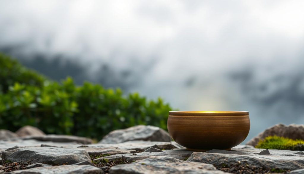 A tranquil Tibetan bowl set against a serene natural backdrop. A soft, warm glow emanates from the bowl, casting a peaceful, meditative ambiance. The foreground features the smooth, bronze-toned bowl nestled on a bed of earthy, moss-covered rocks. Wispy clouds drift overhead, creating a calming, atmospheric presence. The middle ground showcases lush, verdant foliage, hinting at a lush, rejuvenating landscape. The background is shrouded in a misty, ethereal haze, suggestive of a contemplative, spiritual setting. Soft, diffused lighting gently illuminates the scene, eliciting a sense of harmony and well-being. A tranquil Tibetan bowl set against a serene natural backdrop. A soft, warm glow emanates from the bowl, casting a peaceful, meditative ambiance. The foreground features the smooth, bronze-toned bowl nestled on a bed of earthy, moss-covered rocks. Wispy clouds drift overhead, creating a calming, atmospheric presence. The middle ground showcases lush, verdant foliage, hinting at a lush, rejuvenating landscape. The background is shrouded in a misty, ethereal haze, suggestive of a contemplative, spiritual setting. Soft, diffused lighting gently illuminates the scene, eliciting a sense of harmony and well-being.