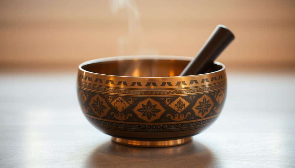 A tranquil Tibetan singing bowl rests on a serene surface, its bronze body gleaming in soft, warm lighting. The bowl's intricate patterns and symbols are captured in precise detail, hinting at the rich cultural heritage it represents. Delicate chime-like tones emanate from the bowl, creating a soothing and meditative atmosphere. The camera angle showcases the bowl's graceful form, inviting the viewer to experience its calming energy and explore the ancient techniques used to manipulate its resonant vibrations. A tranquil Tibetan singing bowl rests on a serene surface, its bronze body gleaming in soft, warm lighting. The bowl's intricate patterns and symbols are captured in precise detail, hinting at the rich cultural heritage it represents. Delicate chime-like tones emanate from the bowl, creating a soothing and meditative atmosphere. The camera angle showcases the bowl's graceful form, inviting the viewer to experience its calming energy and explore the ancient techniques used to manipulate its resonant vibrations.