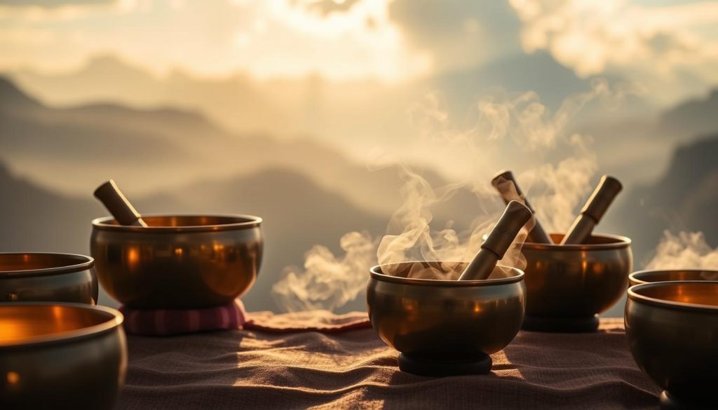 A tranquil scene of Tibetan singing bowls resonating with a soothing glow, set against a backdrop of serene Himalayan mountains. The bowls are arranged artfully, their polished bronze surfaces reflecting the soft, warm light. Clouds of incense drift lazily, infusing the air with a calming aroma. The overall atmosphere evokes a sense of deep relaxation and meditative focus, highlighting the profound benefits these ancient instruments can offer for well-being and mindfulness. A tranquil scene of Tibetan singing bowls resonating with a soothing glow, set against a backdrop of serene Himalayan mountains. The bowls are arranged artfully, their polished bronze surfaces reflecting the soft, warm light. Clouds of incense drift lazily, infusing the air with a calming aroma. The overall atmosphere evokes a sense of deep relaxation and meditative focus, highlighting the profound benefits these ancient instruments can offer for well-being and mindfulness.