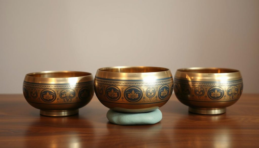 A trio of ornate Tibetan singing bowls resting on a wooden table, their bronze surfaces gleaming under soft, diffused lighting. The bowls are arranged in a harmonious composition, their concentric circles and inviting shapes drawing the viewer's eye. The background is muted, allowing the bowls to take center stage, evoking a sense of tranquility and focus. The scene captures the essence of the Tibetan ritual, with the bowls poised to resonate and cleanse the space through their soothing, meditative tones. A trio of ornate Tibetan singing bowls resting on a wooden table, their bronze surfaces gleaming under soft, diffused lighting. The bowls are arranged in a harmonious composition, their concentric circles and inviting shapes drawing the viewer's eye. The background is muted, allowing the bowls to take center stage, evoking a sense of tranquility and focus. The scene captures the essence of the Tibetan ritual, with the bowls poised to resonate and cleanse the space through their soothing, meditative tones.