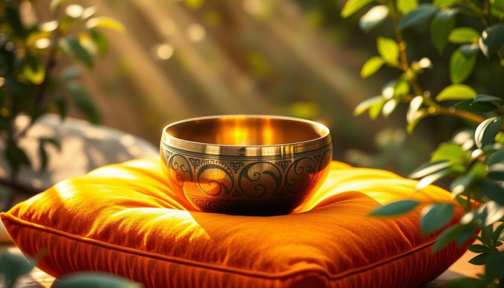 A Tibetan singing bowl resting on a plush, golden-orange cushion, its surface reflecting the warm, ambient lighting. The bowl's intricate, swirling patterns and gleaming copper hue capture the essence of the Svadhishthana, or sacral, chakra. Surrounding the bowl, a tranquil, natural setting with soft, diffused sunlight filtering through lush, green foliage. The entire scene evokes a sense of grounding, fluidity, and connection to one's creative, sensual nature.