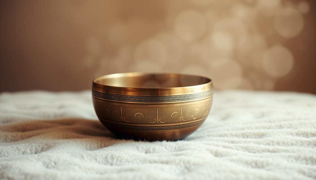 A Tibetan singing bowl resting on a soft, plush surface, its polished bronze exterior gleaming in muted, diffused lighting. The bowl is centered in the frame, with a subtle haze or mist effect surrounding it, creating a sense of serenity and focus. The background is a simple, neutral tone, allowing the bowl to be the primary subject. The lighting is warm and gentle, highlighting the bowl's intricate patterns and textures, inviting the viewer to imagine the soothing tones it might produce. The composition is balanced and inviting, drawing the eye to the bowl and evoking a sense of calm and meditation. A Tibetan singing bowl resting on a soft, plush surface, its polished bronze exterior gleaming in muted, diffused lighting. The bowl is centered in the frame, with a subtle haze or mist effect surrounding it, creating a sense of serenity and focus. The background is a simple, neutral tone, allowing the bowl to be the primary subject. The lighting is warm and gentle, highlighting the bowl's intricate patterns and textures, inviting the viewer to imagine the soothing tones it might produce. The composition is balanced and inviting, drawing the eye to the bowl and evoking a sense of calm and meditation.