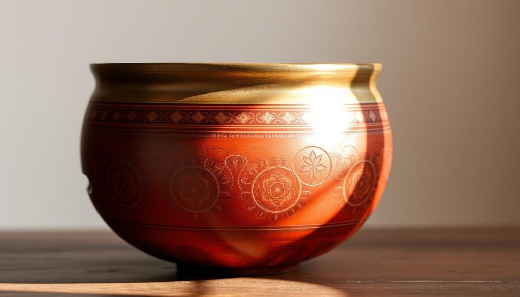 A Tibetan singing bowl resting on a wooden surface, illuminated by soft, natural lighting. The bowl is a deep, earthy red-brown color, with intricate, traditional patterns etched into its surface. The bowl's rim is slightly raised, creating a sense of depth and volume. The background is a neutral, muted tone, allowing the bowl to be the central focus. The overall scene conveys a sense of tranquility and grounding, reflecting the energy of the root chakra (Muladhara). The image is captured from a slightly elevated angle, creating a harmonious, balanced composition.