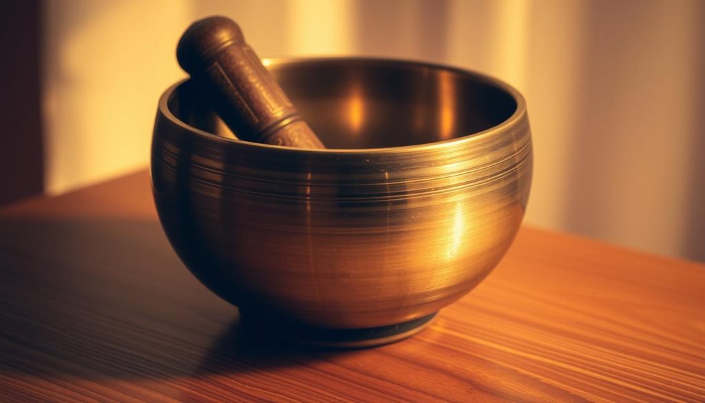 A Tibetan singing bowl resting on a wooden surface, its surface gleaming with a soft metallic sheen. The bowl's rim is gently struck, causing its soothing, resonant tone to fill the air. The scene is bathed in warm, diffused lighting, creating a serene and calming atmosphere. The bowl is the focal point, occupying the center of the frame, while the background is softly blurred, drawing the viewer's attention to the intricate details of the instrument. The composition is balanced and harmonious, evoking a sense of tranquility and inner reflection. A Tibetan singing bowl resting on a wooden surface, its surface gleaming with a soft metallic sheen. The bowl's rim is gently struck, causing its soothing, resonant tone to fill the air. The scene is bathed in warm, diffused lighting, creating a serene and calming atmosphere. The bowl is the focal point, occupying the center of the frame, while the background is softly blurred, drawing the viewer's attention to the intricate details of the instrument. The composition is balanced and harmonious, evoking a sense of tranquility and inner reflection.