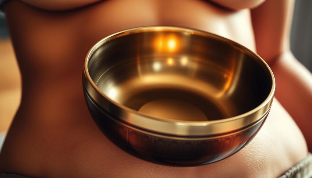 A close-up view of a traditional Tibetan singing bowl resting gently on a toned, muscular abdomen. The bronze bowl gleams softly, its intricate patterns and textures visible in the warm, diffused lighting. The bowl's vibrant, resonant tones seem to emanate from within, creating a sense of deep relaxation and inner harmony. The skin around the bowl appears supple and glowing, reflecting the soothing energy of the ritual. The scene conveys a tranquil, meditative atmosphere, inviting the viewer to experience the immediate and long-term benefits of using a Tibetan singing bowl for abdominal wellness. A close-up view of a traditional Tibetan singing bowl resting gently on a toned, muscular abdomen. The bronze bowl gleams softly, its intricate patterns and textures visible in the warm, diffused lighting. The bowl's vibrant, resonant tones seem to emanate from within, creating a sense of deep relaxation and inner harmony. The skin around the bowl appears supple and glowing, reflecting the soothing energy of the ritual. The scene conveys a tranquil, meditative atmosphere, inviting the viewer to experience the immediate and long-term benefits of using a Tibetan singing bowl for abdominal wellness.