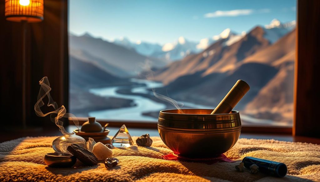 A dimly lit room, with warm, golden lighting casting a serene glow. In the foreground, a Tibetan singing bowl sits on a plush, cushioned surface, its polished bronze reflecting the soft light. Wisps of fragrant incense curl in the air, creating a soothing, meditative atmosphere. The bowl is surrounded by crystals, gemstones, and other natural elements, evoking a sense of spiritual harmony. In the background, a majestic Tibetan landscape unfolds, with snow-capped peaks and a tranquil river winding through the valleys. The overall composition conveys a deep sense of relaxation, inviting the viewer to immerse themselves in the calming ritual of using a Tibetan singing bowl. A dimly lit room, with warm, golden lighting casting a serene glow. In the foreground, a Tibetan singing bowl sits on a plush, cushioned surface, its polished bronze reflecting the soft light. Wisps of fragrant incense curl in the air, creating a soothing, meditative atmosphere. The bowl is surrounded by crystals, gemstones, and other natural elements, evoking a sense of spiritual harmony. In the background, a majestic Tibetan landscape unfolds, with snow-capped peaks and a tranquil river winding through the valleys. The overall composition conveys a deep sense of relaxation, inviting the viewer to immerse themselves in the calming ritual of using a Tibetan singing bowl.