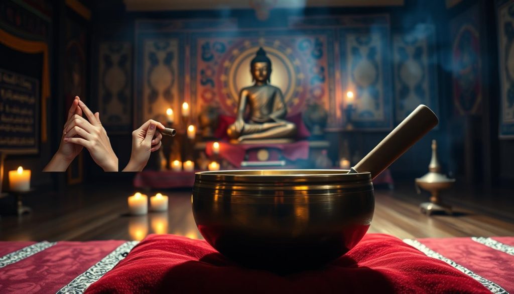 A dimly lit, rustic Tibetan meditation room. In the foreground, a beautiful brass Tibetan singing bowl rests on a deep red cushion, its intricate patterns reflecting the soft candlelight. In the middle ground, various common user errors are depicted: hands gripping the bowl incorrectly, the bowl positioned off-center, and the striker being used at the wrong angle. The background features traditional Tibetan tapestries, incense burners, and a serene Buddha statue, creating an atmosphere of tranquility and ritual. The image conveys the importance of proper Tibetan singing bowl technique to harness its healing energies, with the errors serving as cautionary examples. A dimly lit, rustic Tibetan meditation room. In the foreground, a beautiful brass Tibetan singing bowl rests on a deep red cushion, its intricate patterns reflecting the soft candlelight. In the middle ground, various common user errors are depicted: hands gripping the bowl incorrectly, the bowl positioned off-center, and the striker being used at the wrong angle. The background features traditional Tibetan tapestries, incense burners, and a serene Buddha statue, creating an atmosphere of tranquility and ritual. The image conveys the importance of proper Tibetan singing bowl technique to harness its healing energies, with the errors serving as cautionary examples.