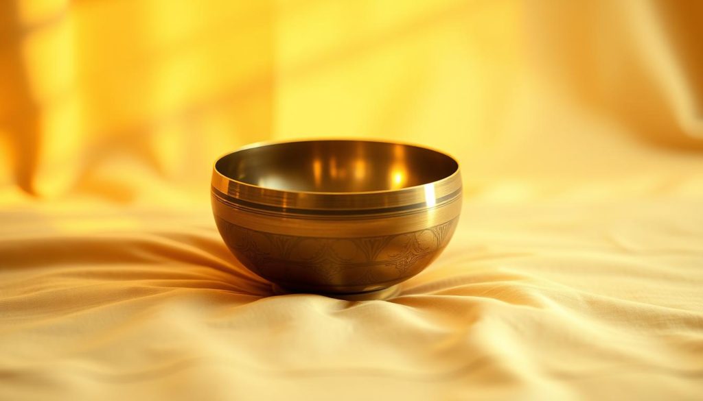 A harmonious, serene Tibetan singing bowl resting on a soft, golden-hued surface, bathed in warm, gentle lighting. The bowl's gleaming, bronze-like exterior reflects the light, casting subtle shadows and highlights. Its elegant, smooth curves and intricate detailing evoke a sense of ancient, meditative tradition. The bowl's position draws the viewer's gaze to its center, symbolizing the solar plexus chakra (Manipura) and its association with personal power, self-esteem, and transformative energy. The scene exudes a calming, contemplative atmosphere, inviting the viewer to pause and connect with the resonance of the bowl.
