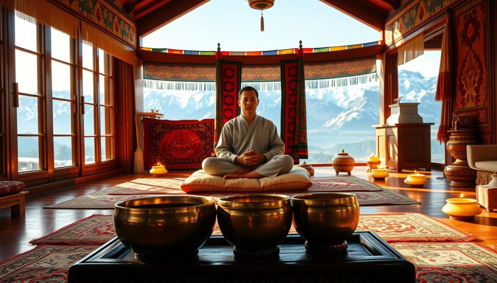 A serene Tibetan household, bathed in warm, natural light filtering through large windows. In the foreground, a collection of ornate Tibetan singing bowls sit atop a low, carved wooden table, their metallic surfaces reflecting the ambient glow. In the middle ground, a devout practitioner sits cross-legged on a plush cushion, hands resting gently on their lap, eyes closed in deep meditation. Surrounding them, the room is adorned with intricate tapestries, prayer flags, and the gentle glow of butter lamps, creating a sense of tranquility and spiritual connection. The background reveals a panoramic view of the Himalayan mountains, their snow-capped peaks hinting at the reverence and sacredness of the Tibetan way of life. A serene Tibetan household, bathed in warm, natural light filtering through large windows. In the foreground, a collection of ornate Tibetan singing bowls sit atop a low, carved wooden table, their metallic surfaces reflecting the ambient glow. In the middle ground, a devout practitioner sits cross-legged on a plush cushion, hands resting gently on their lap, eyes closed in deep meditation. Surrounding them, the room is adorned with intricate tapestries, prayer flags, and the gentle glow of butter lamps, creating a sense of tranquility and spiritual connection. The background reveals a panoramic view of the Himalayan mountains, their snow-capped peaks hinting at the reverence and sacredness of the Tibetan way of life.