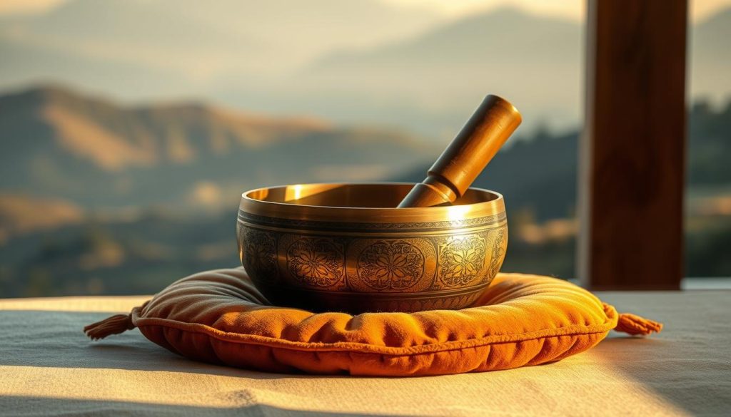 A serene Tibetan singing bowl resting on a plush, earth-toned cushion, illuminated by soft, diffused lighting that casts gentle shadows. The bowl's intricate, ornate engraving gleams, its deep, resonant tone palpable. In the background, a tranquil landscape of rolling hills and distant mountains, hazy in the warm, golden hour light. The scene conveys a sense of centering, grounding, and inner peace - an invitation to mindful contemplation and self-care. A serene Tibetan singing bowl resting on a plush, earth-toned cushion, illuminated by soft, diffused lighting that casts gentle shadows. The bowl's intricate, ornate engraving gleams, its deep, resonant tone palpable. In the background, a tranquil landscape of rolling hills and distant mountains, hazy in the warm, golden hour light. The scene conveys a sense of centering, grounding, and inner peace - an invitation to mindful contemplation and self-care.