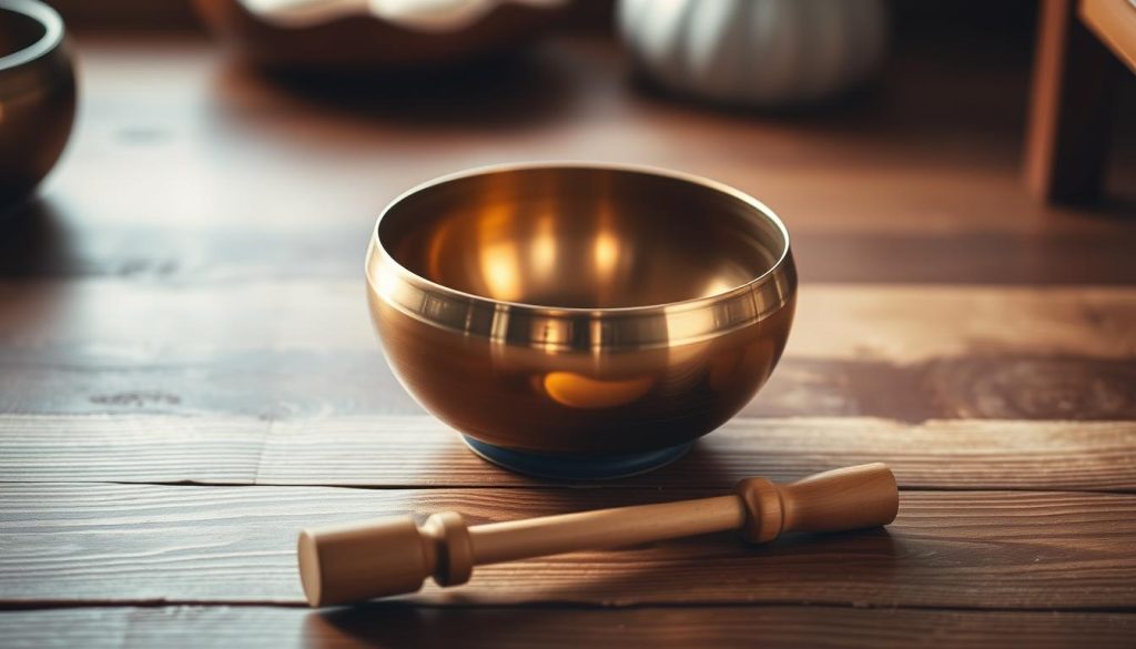 A serene Tibetan singing bowl rests on a wooden table, its golden exterior gleaming under soft, diffused lighting. The bowl is captured from above, showcasing its elegant curves and intricate detailing. In the foreground, a wooden mallet lies nearby, ready to be used to gently strike the bowl, coaxing out its resonant, soothing tones. The background is blurred, keeping the focus on the bowl and the simple tools required to produce its calming vibrations. The overall scene conveys a sense of tranquility and mindfulness, reflecting the traditional techniques for utilizing a Tibetan singing bowl. A serene Tibetan singing bowl rests on a wooden table, its golden exterior gleaming under soft, diffused lighting. The bowl is captured from above, showcasing its elegant curves and intricate detailing. In the foreground, a wooden mallet lies nearby, ready to be used to gently strike the bowl, coaxing out its resonant, soothing tones. The background is blurred, keeping the focus on the bowl and the simple tools required to produce its calming vibrations. The overall scene conveys a sense of tranquility and mindfulness, reflecting the traditional techniques for utilizing a Tibetan singing bowl.
