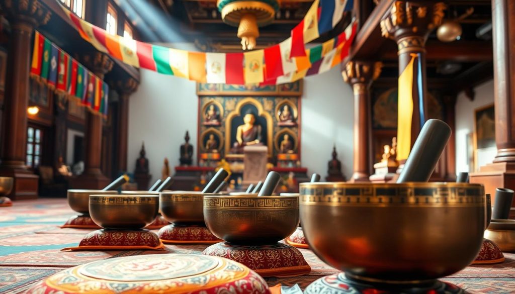A serene Tibetan temple interior, where a collection of ancient Tibetan singing bowls are displayed in the foreground. The bowls, crafted from bronze and inlaid with intricate symbols, sit atop ornate cushions, casting a warm, meditative glow. In the middle ground, Buddhist statues and thangka paintings adorn the walls, representing the rich cultural and spiritual heritage of Tibet. The background is filled with ornate architectural details, including high ceilings, carved wooden columns, and colorful prayer flags that sway gently in the soft, ambient light, creating a tranquil and reverent atmosphere. A serene Tibetan temple interior, where a collection of ancient Tibetan singing bowls are displayed in the foreground. The bowls, crafted from bronze and inlaid with intricate symbols, sit atop ornate cushions, casting a warm, meditative glow. In the middle ground, Buddhist statues and thangka paintings adorn the walls, representing the rich cultural and spiritual heritage of Tibet. The background is filled with ornate architectural details, including high ceilings, carved wooden columns, and colorful prayer flags that sway gently in the soft, ambient light, creating a tranquil and reverent atmosphere.
