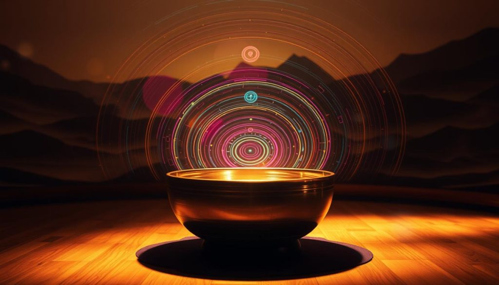 A serene meditation chamber bathed in warm, soft lighting. A large Tibetan singing bowl sits prominently in the center, its metallic surface gleaming. Intricate, swirling patterns of vibrant colors and energy lines radiate outward from the bowl, creating a sense of palpable resonance and harmony. The background is a soothing, abstract landscape of muted tones, evoking a state of tranquility and spiritual connection. Subtle lens flare and a shallow depth of field add to the dreamlike, meditative atmosphere. The overall scene conveys the powerful influence of the Tibetan singing bowl on the body's chakras and energies. A serene meditation chamber bathed in warm, soft lighting. A large Tibetan singing bowl sits prominently in the center, its metallic surface gleaming. Intricate, swirling patterns of vibrant colors and energy lines radiate outward from the bowl, creating a sense of palpable resonance and harmony. The background is a soothing, abstract landscape of muted tones, evoking a state of tranquility and spiritual connection. Subtle lens flare and a shallow depth of field add to the dreamlike, meditative atmosphere. The overall scene conveys the powerful influence of the Tibetan singing bowl on the body's chakras and energies.