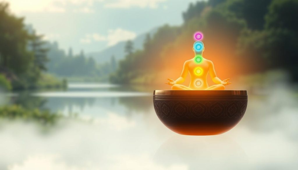 A serene scene of chakra harmonization. In the foreground, a floating Tibetan singing bowl emits a soothing glow, bathing a radiant figure in its warm light. The figure sits in a lotus position, eyes closed, as colorful energy flows from the bowl, aligning and balancing the seven chakras along the spine. In the middle ground, a peaceful landscape unfolds, with lush greenery and a tranquil lake reflecting the sky. Soft, diffuse lighting creates a dreamlike atmosphere, and a slight camera tilt adds a sense of mysticism. The overall composition conveys a profound moment of spiritual harmony and well-being. A serene scene of chakra harmonization. In the foreground, a floating Tibetan singing bowl emits a soothing glow, bathing a radiant figure in its warm light. The figure sits in a lotus position, eyes closed, as colorful energy flows from the bowl, aligning and balancing the seven chakras along the spine. In the middle ground, a peaceful landscape unfolds, with lush greenery and a tranquil lake reflecting the sky. Soft, diffuse lighting creates a dreamlike atmosphere, and a slight camera tilt adds a sense of mysticism. The overall composition conveys a profound moment of spiritual harmony and well-being.