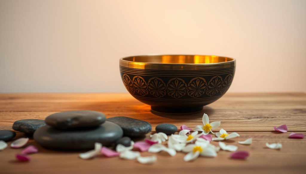 A tranquil Tibetan singing bowl rests upon a serene wooden surface, casting a gentle glow. The bowl's intricate patterns are illuminated by warm, soft lighting, creating a serene and meditative atmosphere. In the foreground, a soothing blend of natural elements, such as smooth river stones and delicate flower petals, surrounds the bowl, inviting the viewer to pause and reflect. The background is a minimalist, neutral-toned setting, allowing the bowl and its complementary elements to take center stage. This composition captures the essence of using a Tibetan singing bowl for mindfulness and relaxation, perfectly embodying the "Conseils pour maximiser les bienfaits" section of the article. A tranquil Tibetan singing bowl rests upon a serene wooden surface, casting a gentle glow. The bowl's intricate patterns are illuminated by warm, soft lighting, creating a serene and meditative atmosphere. In the foreground, a soothing blend of natural elements, such as smooth river stones and delicate flower petals, surrounds the bowl, inviting the viewer to pause and reflect. The background is a minimalist, neutral-toned setting, allowing the bowl and its complementary elements to take center stage. This composition captures the essence of using a Tibetan singing bowl for mindfulness and relaxation, perfectly embodying the "Conseils pour maximiser les bienfaits" section of the article.