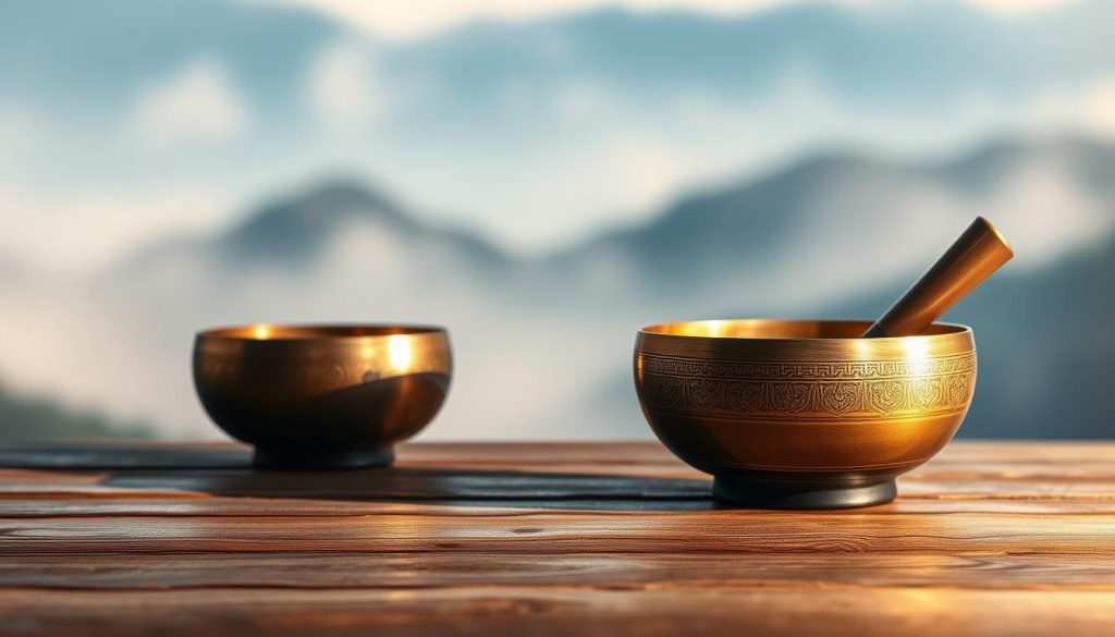 A tranquil scene of Tibetan singing bowls resting on a serene, wooden surface. The bowls are illuminated by a warm, soft light, casting gentle reflections on the surface. In the background, a blurred, misty landscape evokes a sense of calm and spiritual serenity. The composition showcases the intricate textures and metallic sheen of the bowls, inviting the viewer to experience their soothing, meditative qualities. The overall atmosphere is one of relaxation, harmony, and the therapeutic power of the Tibetan singing bowl tradition. A tranquil scene of Tibetan singing bowls resting on a serene, wooden surface. The bowls are illuminated by a warm, soft light, casting gentle reflections on the surface. In the background, a blurred, misty landscape evokes a sense of calm and spiritual serenity. The composition showcases the intricate textures and metallic sheen of the bowls, inviting the viewer to experience their soothing, meditative qualities. The overall atmosphere is one of relaxation, harmony, and the therapeutic power of the Tibetan singing bowl tradition.