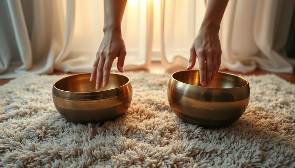 Soft, earthy-toned Tibetan singing bowls sit atop a plush beige rug, their metallic surfaces reflecting the warm, mellow light of a setting sun filtering through gauzy curtains. A pair of relaxed hands gently caress the rims of the bowls, coaxing out their soothing, resonant tones that fill the tranquil, meditative space. The camera angle is slightly elevated, capturing the scene from above, emphasizing the holistic, immersive nature of the sound massage experience. An atmosphere of calm, introspection, and healing permeates the frame. Soft, earthy-toned Tibetan singing bowls sit atop a plush beige rug, their metallic surfaces reflecting the warm, mellow light of a setting sun filtering through gauzy curtains. A pair of relaxed hands gently caress the rims of the bowls, coaxing out their soothing, resonant tones that fill the tranquil, meditative space. The camera angle is slightly elevated, capturing the scene from above, emphasizing the holistic, immersive nature of the sound massage experience. An atmosphere of calm, introspection, and healing permeates the frame.