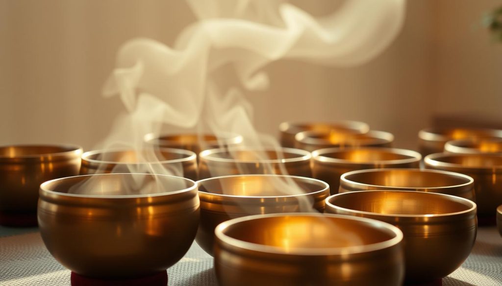 Vibrant Tibetan singing bowls resonating in a serene meditation space, bathed in soft, warm lighting. The bowls are arranged in a harmonious pattern, emanating a soothing, healing energy. Delicate ripples of sound vibrate through the air, creating a calming, meditative atmosphere. The scene is captured from a slightly elevated angle, emphasizing the tranquil, contemplative mood. The background is minimalist, with subtle textures and muted colors, allowing the focus to remain on the mesmerizing movement and vibration of the Tibetan bowls.