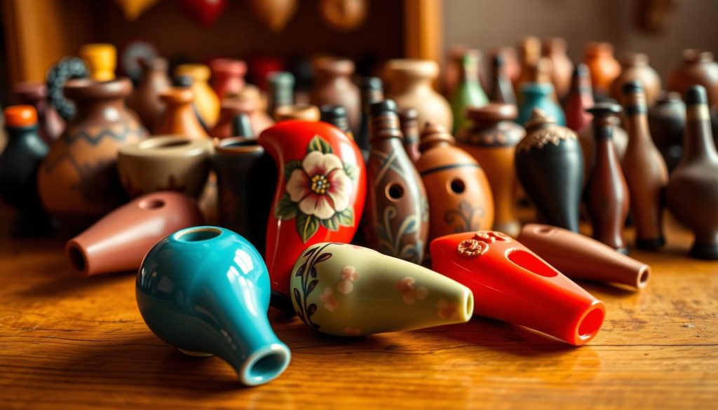 A beautifully arranged collection of various ocarina types displayed on a wooden table, showcasing their unique shapes, colors, and intricate designs. In the foreground, include a traditional ceramic ocarina with a glossy turquoise finish, alongside a modern plastic ocarina in bright red. In the middle, position a hand-painted ocarina with floral motifs, and a classic clay ocarina, each with distinct textures and details visible. In the background, softly blurred, are additional ocarinas of different sizes and styles, creating a sense of depth. The lighting is warm and inviting, enhancing the colors and craftsmanship of the instruments, with a slight focus on capturing the artistic beauty of each ocarina. The atmosphere is serene and contemplative, emphasizing the cultural significance and diversity of this enchanting instrument.