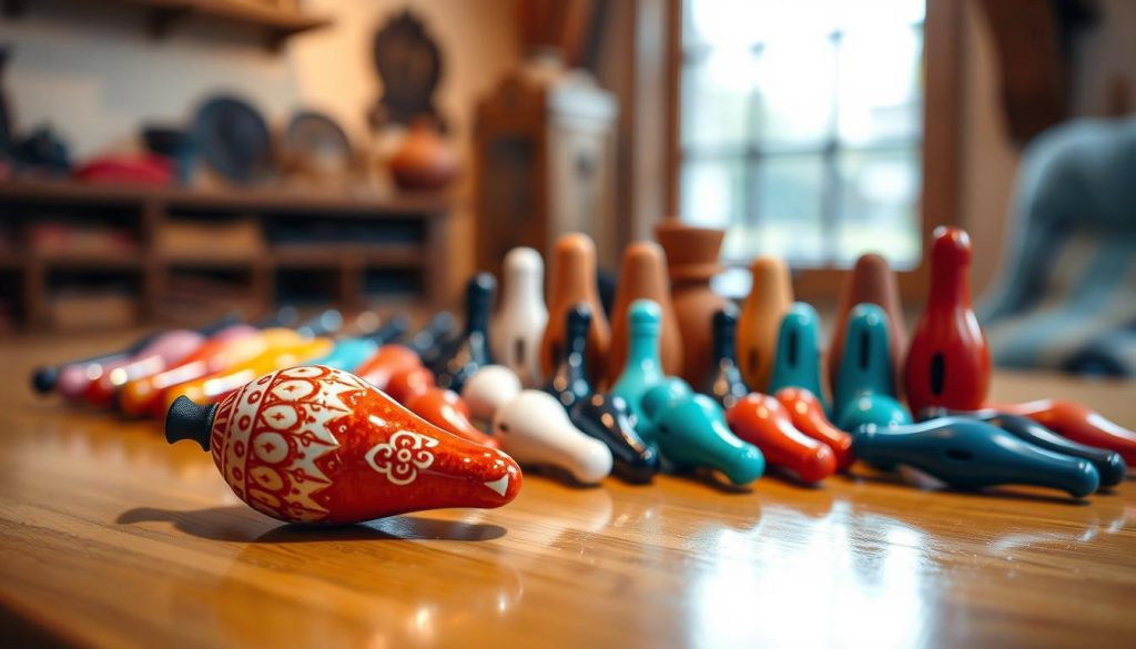 A beautifully arranged display of various ocarinas, showcasing different models and colors, is set on a polished wooden table. In the foreground, focus on a vibrant ceramic ocarina with intricate designs, reflecting light as it catches the eye. In the middle, feature a selection of ocarinas made from clay and plastic, arranged in a semi-circle, highlighting their unique shapes and sizes. The background is softly blurred with warm, natural lighting filtering through a window, creating a cozy atmosphere, reminiscent of a music studio or artisan workshop. The composition conveys a sense of wonder and curiosity about choosing the right ocarina, emphasizing the diversity and artistry of the instrument. The entire image should feel inviting and inspiring for prospective musicians.