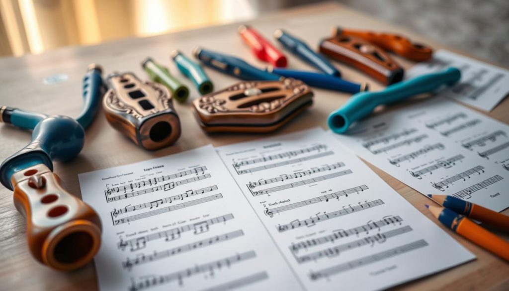 A beautifully arranged tabletop featuring a variety of colorful ocarina instruments alongside open tablatures and musical sheets. In the foreground, a classic ceramic ocarina in vibrant blue is placed next to a wooden one with intricate carvings. Spread across the table are illustrated tablatures, showing clear markings for finger placements, set against a soft, neutral background. The middle ground is subtly blurred, highlighting the details of the instruments and the sheet music. Soft, warm lighting illuminates the scene from the left, creating gentle shadows that add depth. The atmosphere is inviting, encouraging a sense of creativity and exploration, capturing the essence of learning to play the ocarina without the need for traditional music theory.
