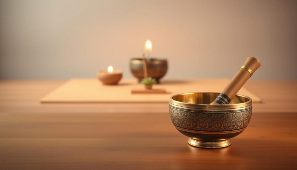 A beautifully crafted Tibetan singing bowl in the foreground, its intricate patterns and smooth curves glistening under the warm, diffused lighting. The bowl is resting on a simple, minimalist wooden surface, allowing it to take center stage. In the middle ground, a serene, zen-like atmosphere with a few carefully placed accents, such as a small incense stick or a tranquil plant. The background gradually fades into a soft, muted palette, creating a sense of depth and focus on the central object. The overall mood is one of tranquility, mindfulness, and the peaceful, therapeutic qualities of the Tibetan singing bowl.