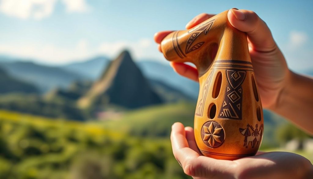 A beautifully crafted ocarina at the forefront, showcasing its earthy ceramic texture and intricate tribal patterns, with warm sunlight glowing off its surface. In the middle ground, a gentle hand cradles the ocarina, fingers positioned to play, reflecting a sense of connection to ancient musical traditions. The background is a soft, blurred landscape of lush green hills and a serene blue sky, evoking a rich cultural heritage. The scene is illuminated by natural light, casting soft shadows that enhance the instrument's curves. The mood is tranquil and nostalgic, celebrating the ancestral roots of this unique wind instrument, inviting viewers to appreciate its beauty and historical significance.