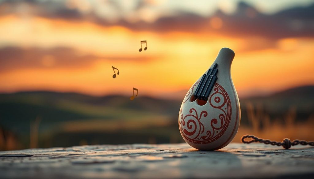 A beautifully crafted ocarina, intricately designed with ancient patterns, sits prominently in the foreground, its smooth ceramic surface reflecting soft natural light. The middle ground features delicate musical notes floating around the ocarina, symbolizing the enchanting sounds it produces. In the background, a serene landscape showcases rolling hills and a twilight sky, bathed in warm hues of orange and purple, evoking a sense of nostalgia and wonder. The overall mood is magical and inviting, encouraging the viewer to imagine the rich history and emotional connection people have with this captivating instrument. The composition is shot at a slight angle to emphasize the ocarina while maintaining focus on the harmonious scene around it, with a shallow depth of field to enhance its prominence.