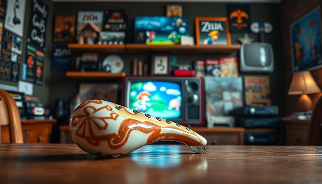 A beautifully crafted ocarina, made of glazed ceramic, resting on a wooden table. In the foreground, the ocarina shines under soft, warm lighting that highlights its intricate patterns and natural curves. In the middle ground, a cozy gaming setup is visible, featuring a vintage television displaying iconic video game scenes featuring the ocarina. In the background, shelves are lined with various video game memorabilia and posters, creating a nostalgic atmosphere. The mood is inviting and inspiring, evoking creativity and the love for music and gaming intertwined. The image should be captured from a slightly elevated angle, enhancing the sense of warmth and connection between the ocarina and its cultural significance in popular media.