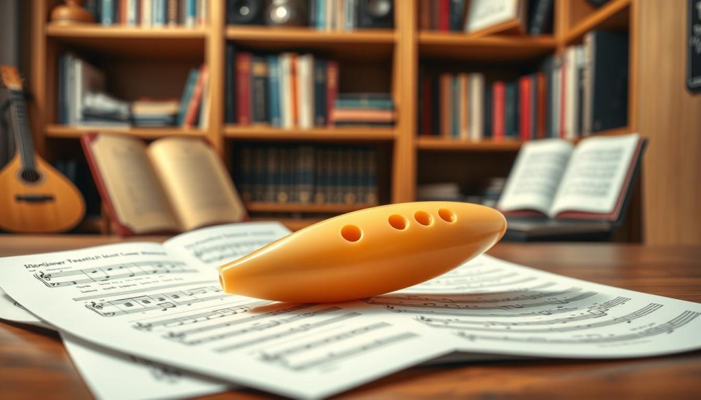 A beginner-friendly ocarina prominently displayed in the foreground, showcasing its smooth, curved design and multiple finger holes, reflecting light with a soft sheen. Surrounding the ocarina, a neatly arranged set of beginner's sheet music, with simple melodies and notes clearly visible. In the background, a warm, inviting music studio ambiance with wooden shelves filled with other musical instruments and books on music theory. The scene is well-lit, highlighting the ocarina and sheet music, with soft shadows creating a cozy atmosphere. The angle should focus on the ocarina slightly above eye level, giving a clear view of its intricate details while evoking a sense of exploration and creativity.