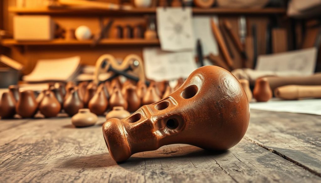 A close-up view of a handcrafted ocarina, showcasing its intricate design and unique texture. The foreground features the ocarina, made from a rich clay with earthy tones, highlighting its glossy finish and expertly carved details. In the middle ground, a collection of various ocarinas, displayed on a rustic wooden table, emphasizes the diversity of shapes and sizes. The background fades into a soft focus with warm, ambient light, creating a cozy workshop atmosphere filled with tools, clay, and sketches of ocarina designs. The scene conveys an artisanal quality, celebrating the craftsmanship and materials used in ocarina production. The lighting is soft and warm, evoking a sense of creativity and tradition, while the angle captures the ocarina from a slightly elevated perspective for depth.