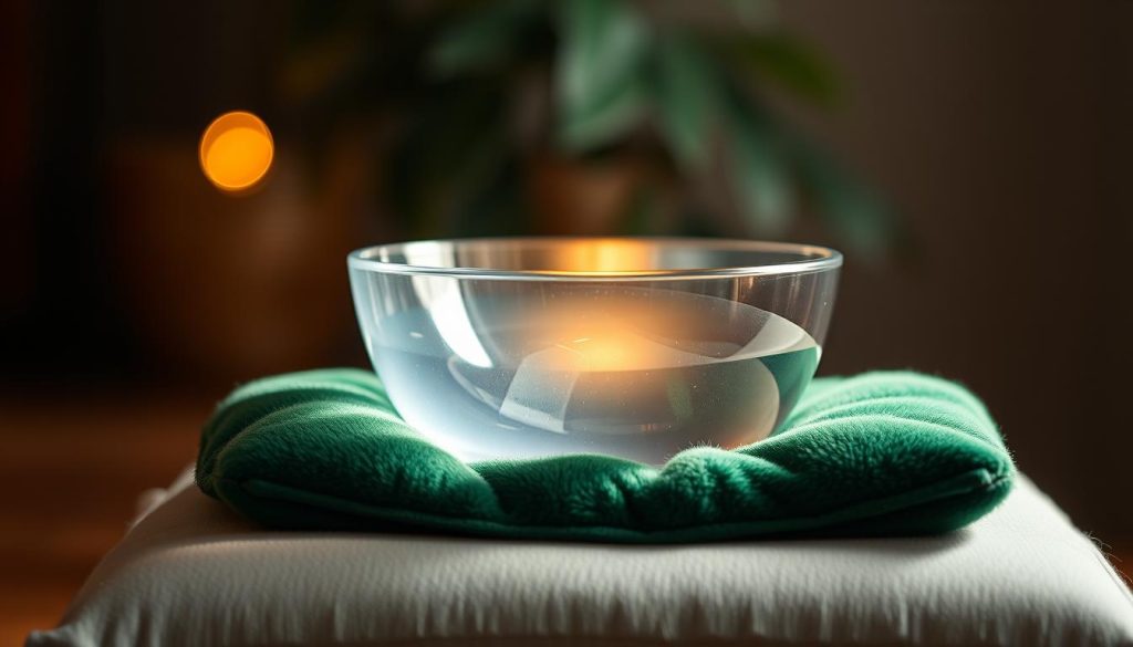 A crystal singing bowl, glimmering with an ethereal light, sits atop a plush, deep green cushion. The bowl's surface reflects the warm, ambient lighting, casting a soothing glow upon the scene. The bowl's rim vibrates gently, producing a resonant, calming tone that seems to emanate from the very heart of the composition. The background is softly blurred, drawing the viewer's focus to the mesmerizing crystal vessel, a symbol of the tranquil energy of the heart chakra.