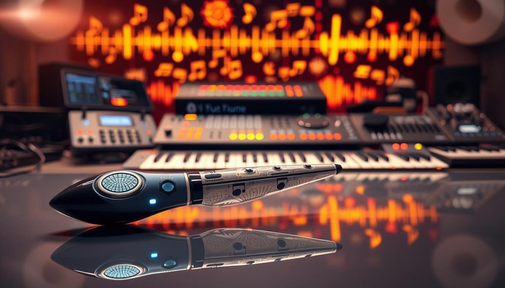 A modern ocarina innovatively designed, featuring a sleek, futuristic shape with embedded technology elements like touch-sensitive controls and LED lights. In the foreground, the ocarina rests on a polished, reflective surface, showcasing its glossy finish and intricate patterns. The middle ground reveals a soft focus on an array of digital music equipment, such as synthesizers and sound mixers, hinting at the blending of traditional and contemporary music production. The background boasts a vibrant, glowing display of sound waves and musical notations, symbolizing the evolution of music. The lighting is ambient, creating a warm and inspiring atmosphere, with a slight lens flare to enhance the scene’s depth. Overall, the composition conveys a sense of innovation and the future of music.