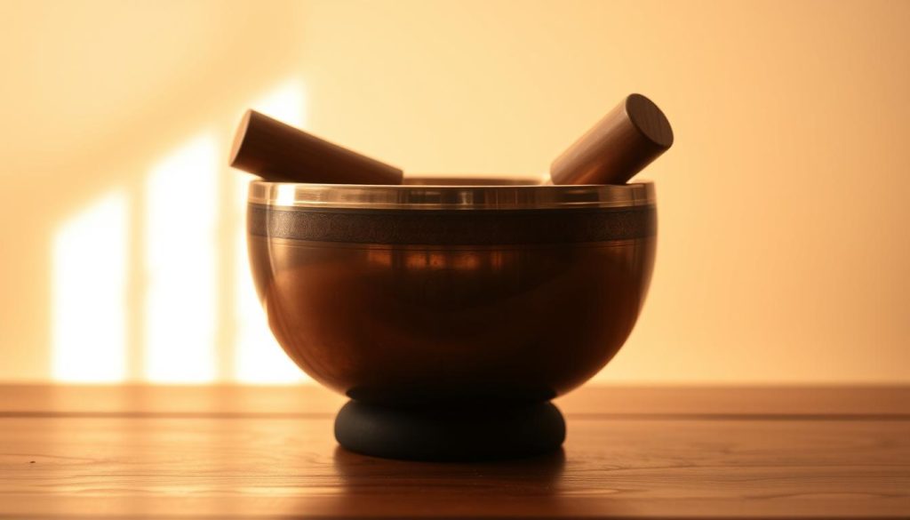 A serene Tibetan singing bowl bathed in warm, diffused lighting, resting atop a wooden surface. The bowl's intricate, hammered copper exterior reflects the light, creating a mesmerizing glow. The bowl's rim is gently struck with a wooden mallet, producing a soothing, resonant tone that fills the tranquil atmosphere. In the background, a minimalist, neutral-toned backdrop provides a calming, meditative setting, free from distractions. The scene conveys a sense of harmony, balance, and the healing power of the Tibetan singing bowl ritual.